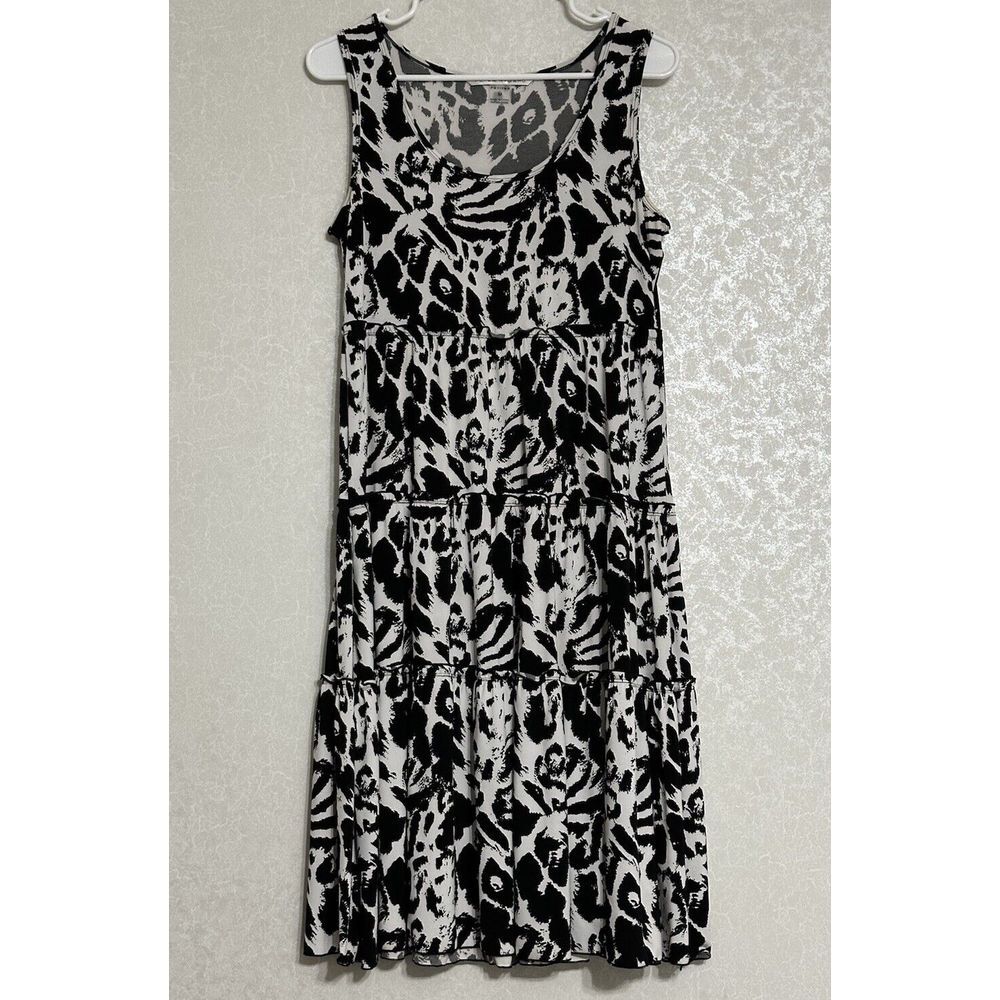 Peter Nygard Tiered Sleeveless Dress‎ Black & White Print Stretch PM Petite M